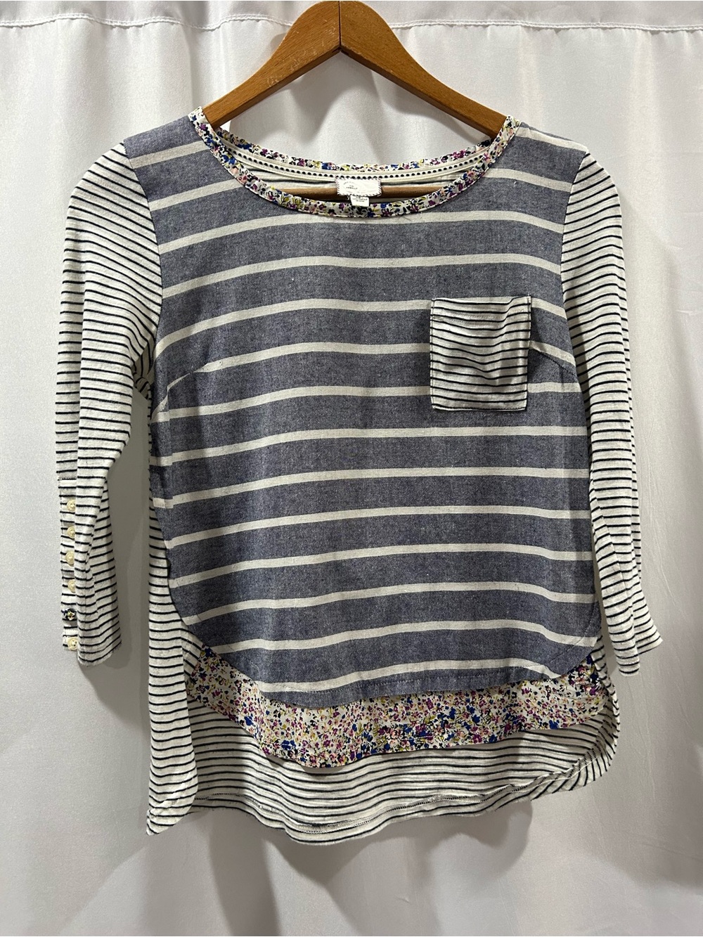 EUC Anthropologie PostmarkPetite Striped Floral Trim Layered Hem Top